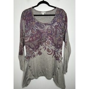 World Unity Y2K Gray Purple Long Sleeve Button Detail Floral Shirt Size Large